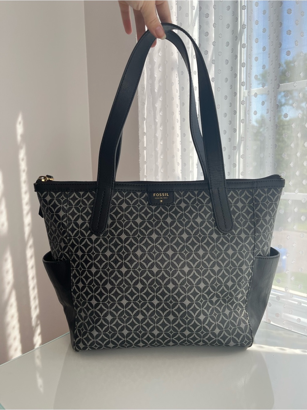 Fossil Black and Gray Geometric Spacious Tote